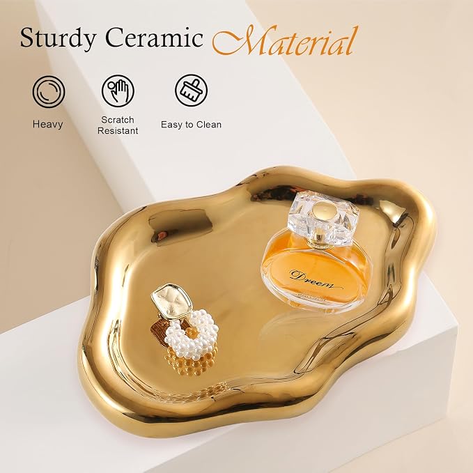 CCINPPY Ceramic Cloud Jewelry Tray Trinket Dish Key Bowl Nightstand Decor | Decorative Small Desk Tray Jewelry Plate Key Holder Bowl Cute Bedroom Room Decor Aesthetic, Gift for Women, Gold Large