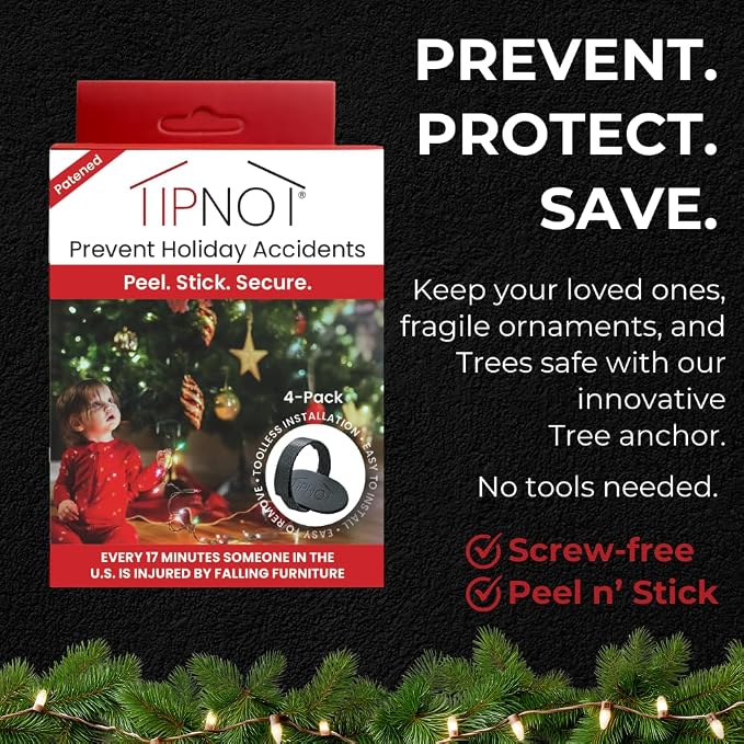 Tree Stand Anchor, No-Drill, Anti-Tip, Adhesive Safety Straps - Just Peel & Stick to Childproof and Babyproof Your Home 4-Pack