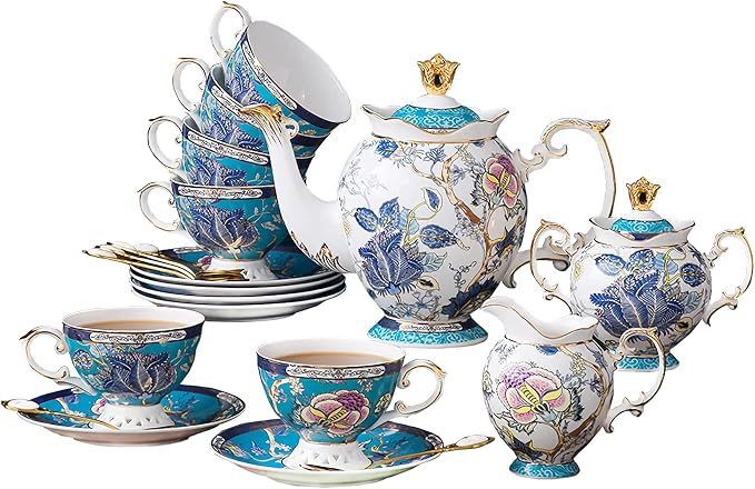 ACMLIFE Porcelain Tea Sets with 24K Gold, Vintage British English Afternoon Tea Sets for 6, Luxury Tea Sets for Women Party for Gifts Tea Sets for Adults Bone China