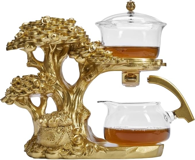 Zurucily Glass Teapot Set with Infuser Semi Automatic Tea Set Magic Teapot (Tree - golden)