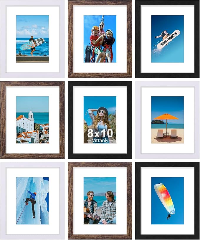 Vittanly 8x10 Picture Frames Set of 9, Wall & Tabletop, Black&Brown&White | Display Pictures 5x7 with Mat or 8x10 without Mat, Small Photo Frames, Engineered Wood with Shatter Resistant Plexiglass