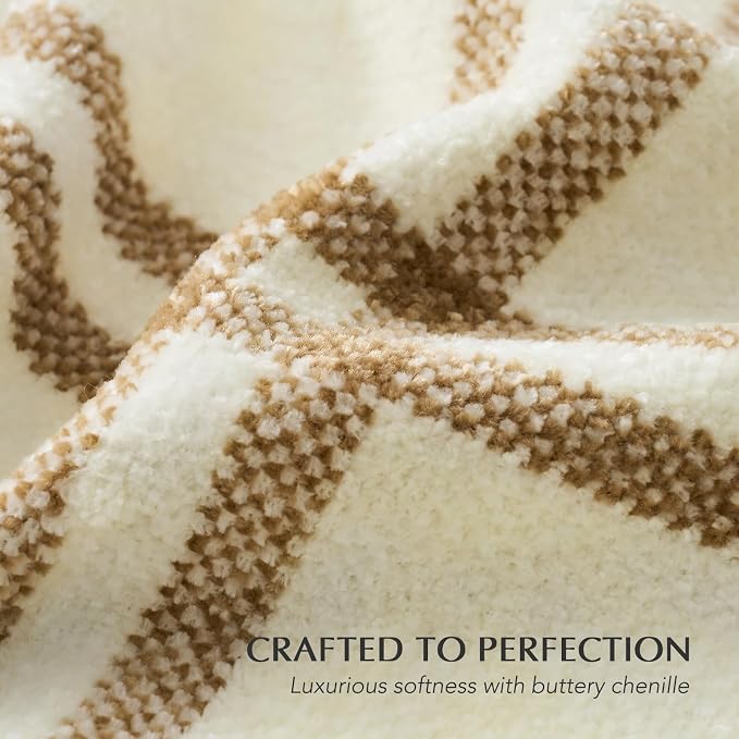 Plaid Chenille Knit Throw Blanket, 60"x80", Cream & Beige | Soft Knitted Throw with Tassels, Cozy, Lightweight, Windowpane Grid Plaid, Decorative Farmhouse Throw for Couch Bed Sofa Gift