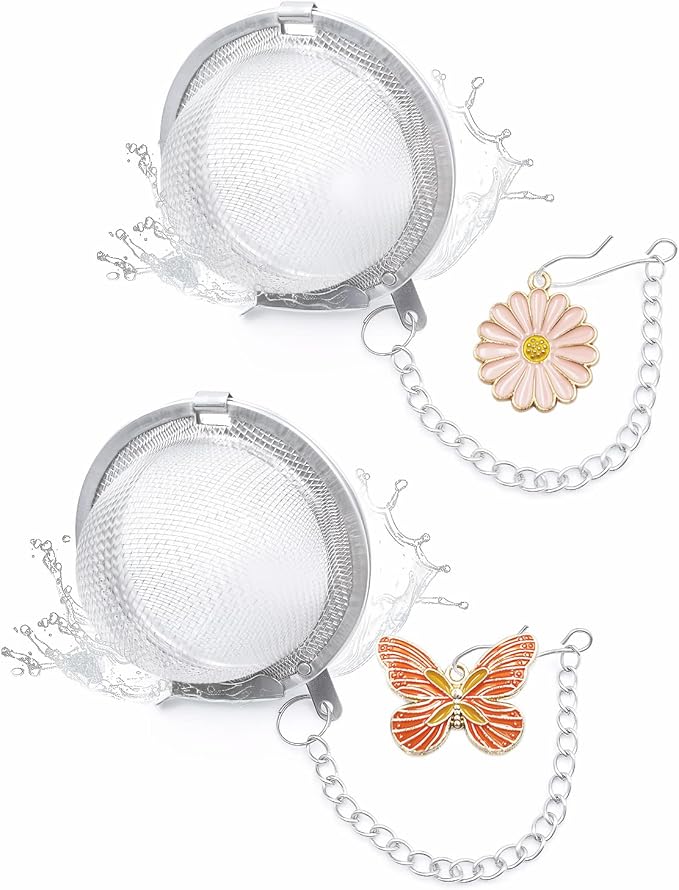 Tea Ball Strainers, 2 Pack Stainless Steel Tea Infuser with Pink Butterfly Blossom Charm, Reusable Fine Mesh Tea Steeper for Loose Leaf Tea, Tea Strainer Gift for Tea Lovers