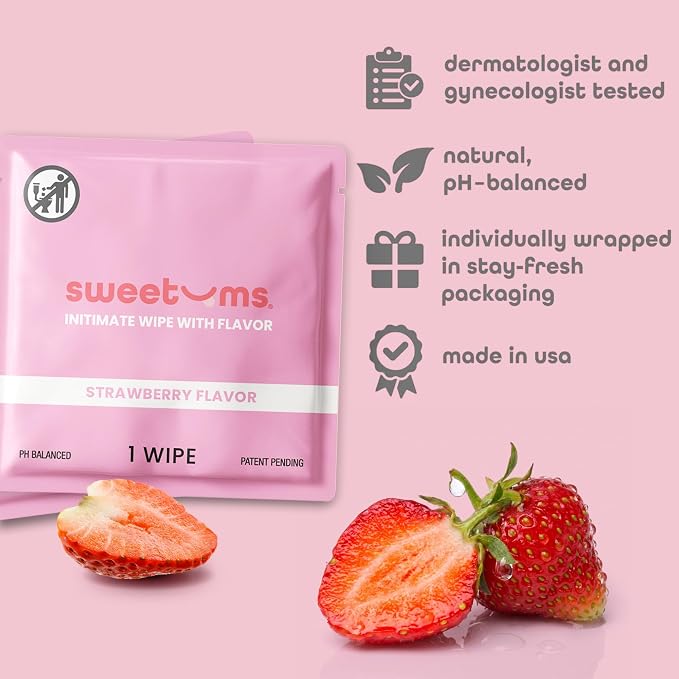 Sweetums Feminine Wipes For Women, Individually Wrapped - pH Balanced Flavored Intimate Wipes - Pack of 10 (Strawberry)