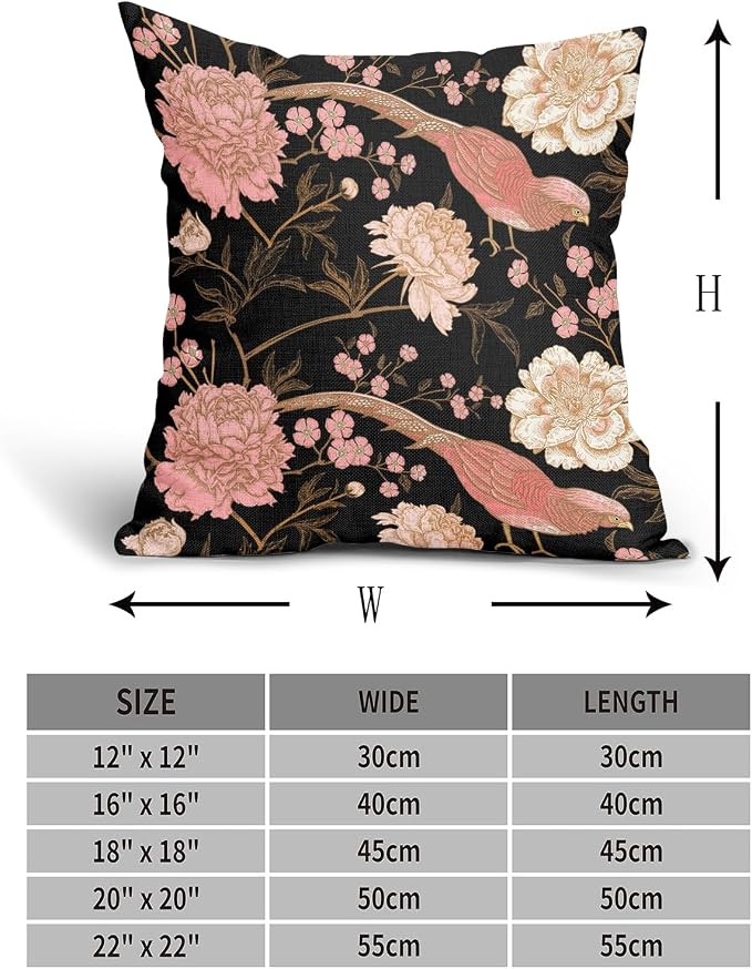 Flowers Birds Leaf Pillow Covers 16X16 Inch Set of 2 Pink White Roses Floral Decorative Pillow Cases Art Retro Black Gold Cotton Linen Cushion Case Vintage Home Decor for Sofa Couch Porch Outdoor