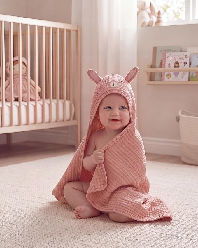 Blissful Diary Muslin Baby Hooded Towel 1 Pack, Soft & Absorbent Bath Towel for Baby Girls, Infant Gift, Newborn Essentials, Sweet Bunny