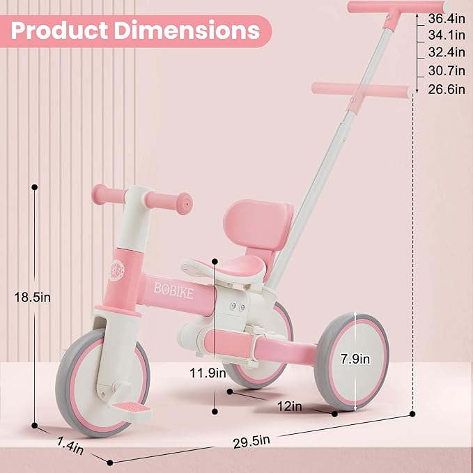 Bobike 5-in-1 Tricycle for Toddlers 18 Months to 5 Years Old, Toddler Bike, Kids Tricycle with Push Handle and Backrest, Toddler Balance Bike with Easy Assembly for Boys and Girls.(Pink)