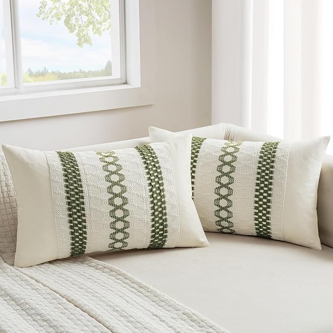 MIULEE Set of 2 Moss Green Boho Decorative Lumbar Pillow Covers 12x20 Inch | Farmhouse Couch Throw Pillows, Modern Cushion Covers, Macrame Woven Spring Decor for Bed Sofa Chair