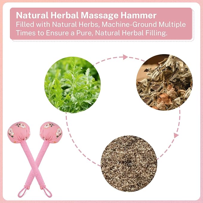 lefeke Manual Massage Hammer, Mugwort Massage Hammer, Handheld Body Percussion Tool for Back Neck Shoulder Leg Muscle Relief 26cm (2Pcs-Pink)