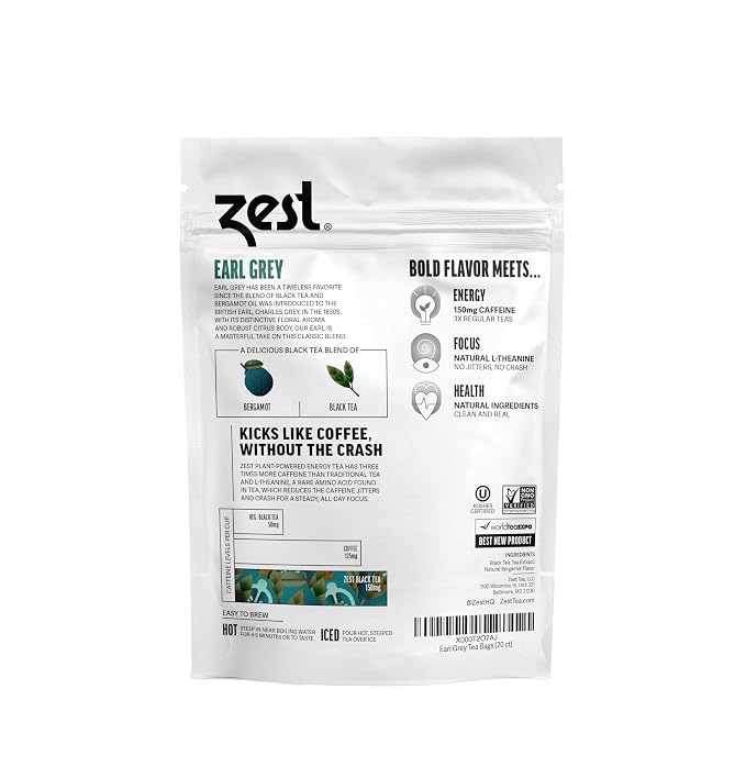 Zest Energy Black Tea - Earl Grey Loose Leaf Blend - High Caffeine Bergamot - Caffeinated Coffee Altnernative/Substitute - Natural, Non-GMO & Keto Friendly - Hot or Iced - 50 Servings - 150mg Caf