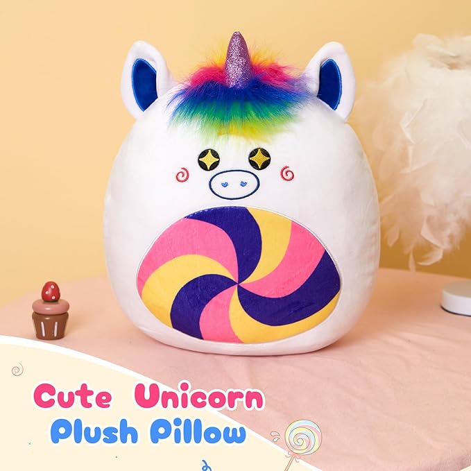 Athoinsu 12‑Inch Rainbow Unicorn Plush Pillow Soft & Cuddly Stuffed Animal for Kids Toddler Girls and Boys, Cute Rainbow Belly Plush Gift