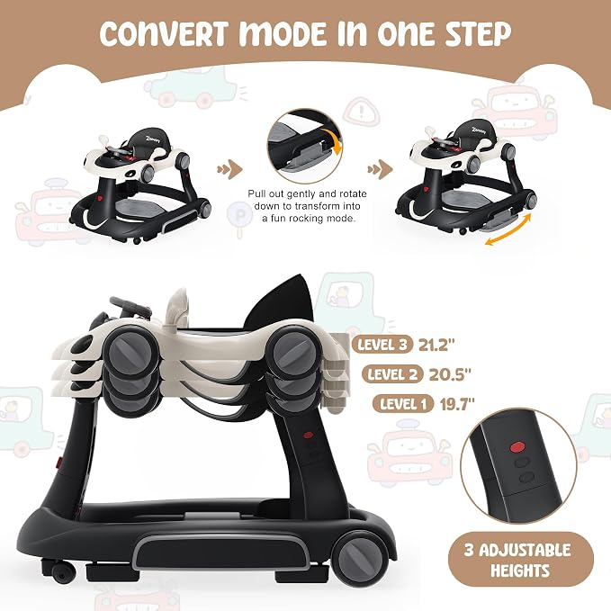 6 in 1 Foldable Baby Walker, Activity Baby Walker-Baby Bouncer, Rocker, Activity Center,Push Walker,Detachable Trampoline Mat, Adjustable Speed Rear Wheels and Height,Music & Lights,Ages 6-18 Months