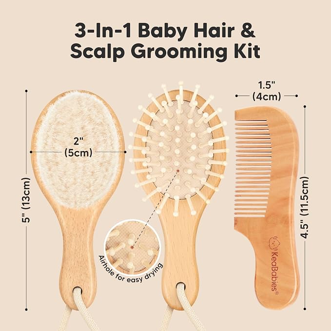 Wooden Baby Hair Brush Set for Newborns, Toddlers - Soft Goat Bristle Baby Brush and Comb Set Newborn Grooming Kit for Cradle Cap Care, Durable & Gentle, Boy, Girl Infant Essentials (Petite, Walnut)