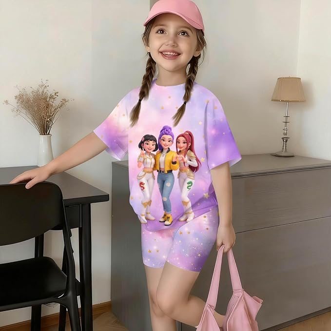 K-POP DEM0N Hunters Outfits for Girls, 2 Piece T-Shirts and Apparel Sets Birthday Gift