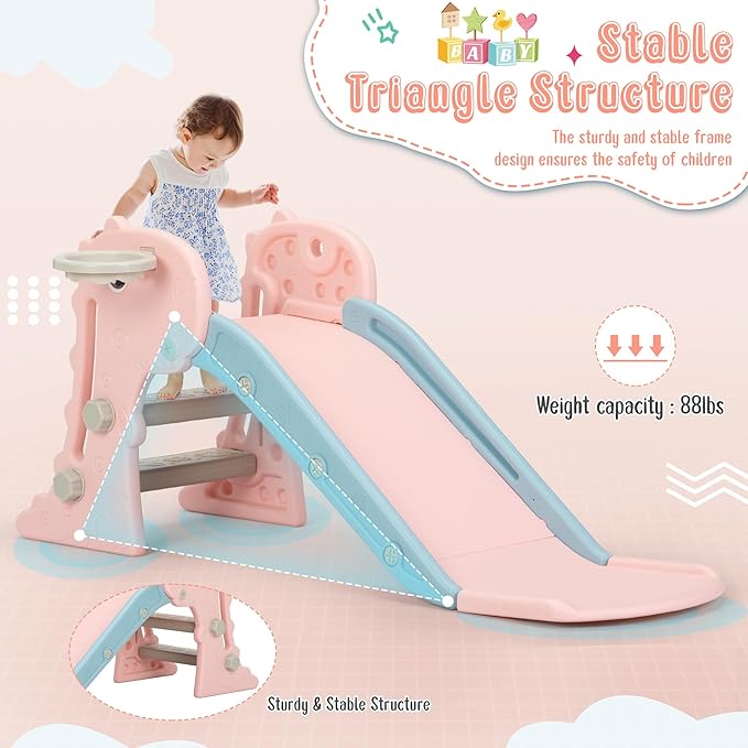 Nyeekoy 3 in 1 Toddler Slide, Kids Slide Climber Playset with Basketball Hoop, Indoor and Outdoor Playground for Kids, Folding Design Freestanding Baby Slide, Easy Assembly