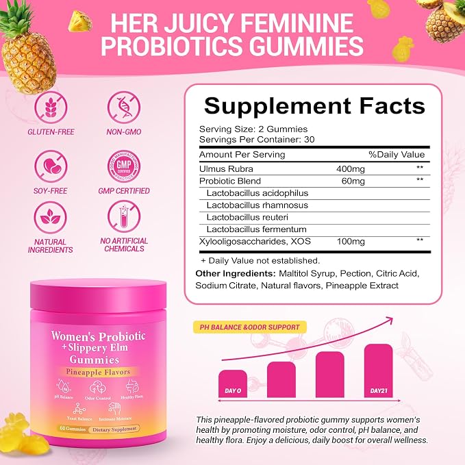 BURMINY Her Juicy Feminine Probiotics Gummies, Premium Feminine Balance Probiotics with Slippery Elm for Women's pH Balance and Freshness – Support Daily Wellness & Comfort 120 Pineapple Gummies