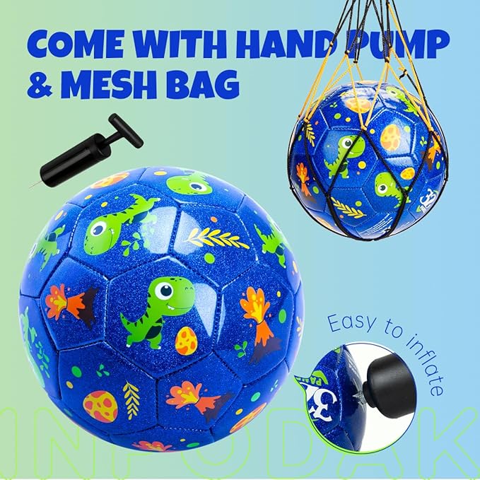 INPODAK Soccer Ball Size 2 for Toddler, Cartoon Dinosaur Blue Soccer Ball for Kids 2 3 4 5 with Pump, Mesh Bag and Gift Box for Birthdays, Parties and Operation Christmas Child Shoebox