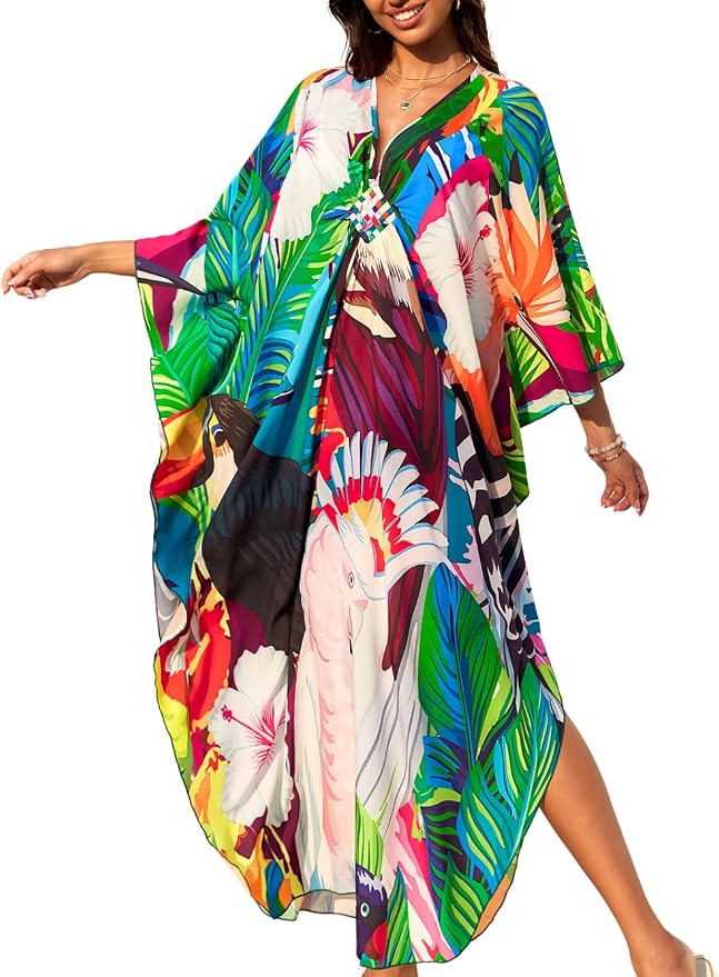 ChiaoLezhee Print Moo-Moos for Women, Kaftan Cover-Up Dresses, Sexy V-Neck High-Slit, Beach Pool-Party Coverups Muumuu Plus