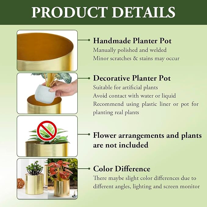 MyGift Modern Brushed Brass Plated Indoor Plant Pot, Cylindrical Metal Vase, 5 and 6 Inch, Set of 2 - Handcrafted in India