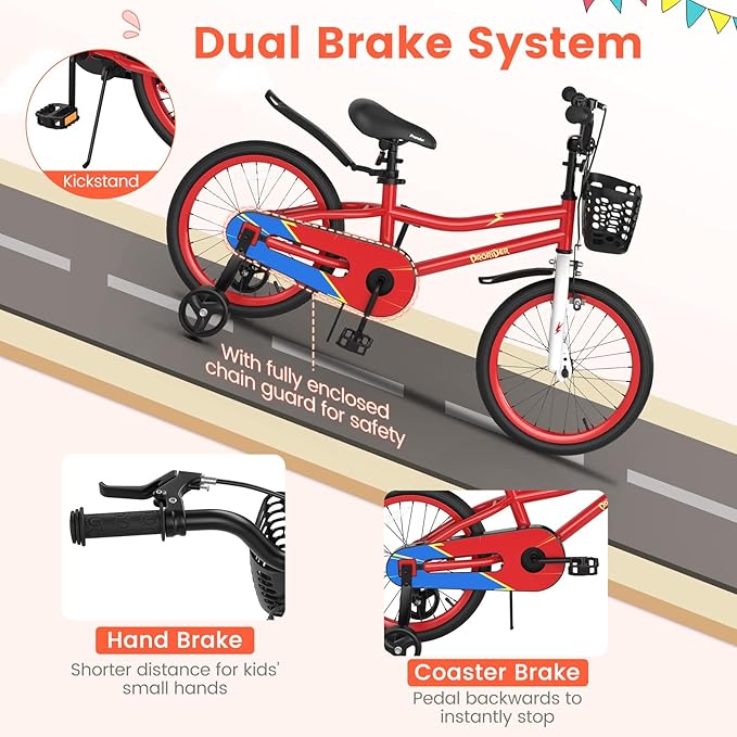 BABY JOY Kids Bike, 12 14 16 18 20 Inch Children Bikes for Boys Girls Teens 3-8 8+ Years w/Training Wheels or Kickstand, Handbrake, Coaster Brake & Removable Basket, Kids Bicycle of Multiple Colors