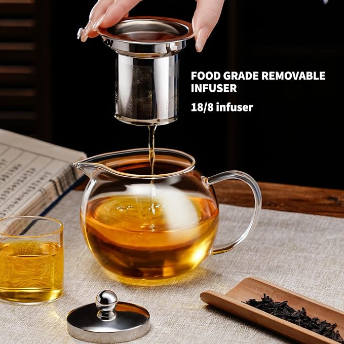 PARACITY Glass Teapot Stovetop 22 OZ/650ml, Tea pot with Removable 18/8 Stainless Steel Infuser, Borosilicate Clear Tea Kettle, Teapot Blooming and Loose Leaf Tea Maker Tea Brewer for Camping, Travel