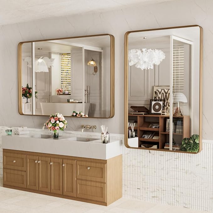 LOAAO 50X30 Inch Bathroom Mirror with Wood Grain Colored Metal Frame | Rounded Rectangle Metal Framed, Anti-Rust, Hangs Horizontally or Vertically, Tempered Glass