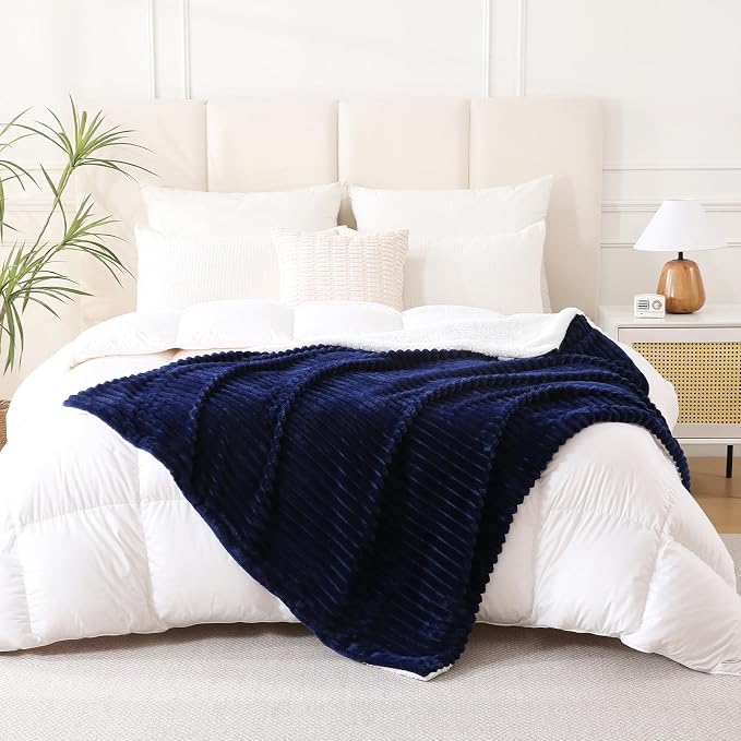 Navy Blue Sherpa Fleece Throw Blanket 108”×90”for Couch Sofa | Double Side Soft Fuzzy Cozy Plush Thick Flannel Blanket with Striped Design Gift for Adults,Woman