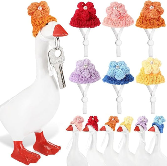 Geyoga 6 Pcs Mini Knitted Hats 7 Inch Goose Outfits Hat with Adjustable Strap Mini Porch Goose Headwear for Statue Key Holder