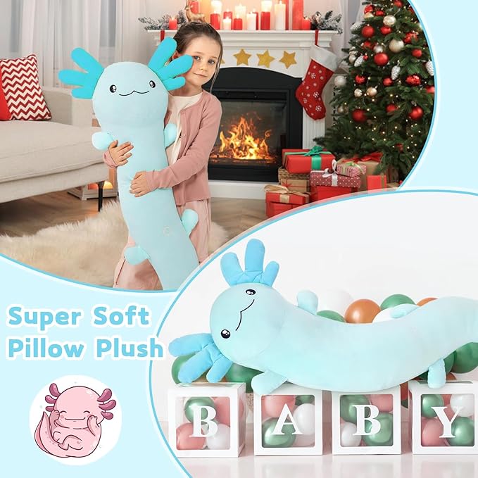 MaoGoLan Large Axolotl Plush Body Pillow,Big Salamander Plush Pillow Toy,XL Axolotl Stuffed Animal for Kids, Salamander Plushies Glow in The Dark, Christmas Valentine Birthday Gifts Blue
