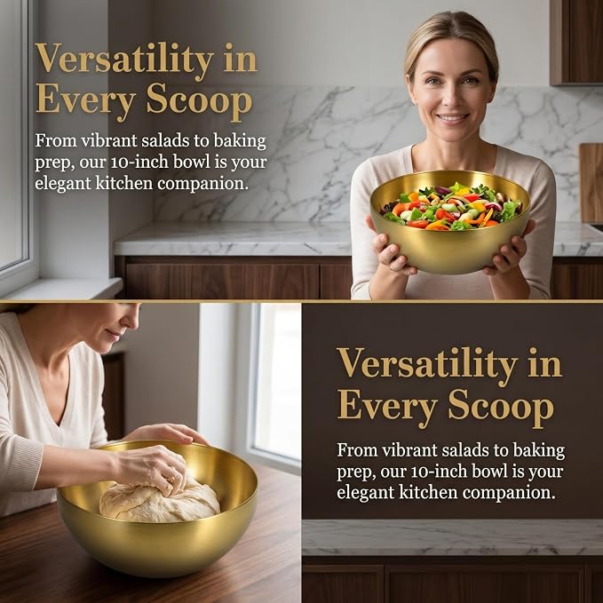 Stainless Steel Salad Bowl Gold Mixing Bowls 10 Inch Nesting Bowl Deep Snack Bowl Korean Large Serving Bowl for Kitchen Mixing Cooking Baking Prepping, 25.00X25.00X11.00CM, Golden