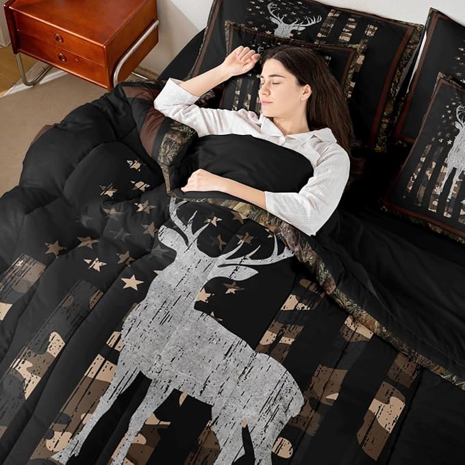 Feelyou Hunting Camo Deer Comforter Set Twin Size 7 Pieces Camo Wild Animal Bedding Set for Kids Boys Girls American Flag Bed in a Bag with Comforter, Sheets, Pillowcases, Cushion Covers Bedroom Decor
