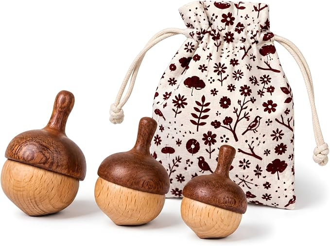 Wooden Spinning Tops Acorn Toy | 3 Pcs Wood Tops Made from Sapele and Beech Hardwood with Cotton Drawstring Storage Bag | Smooth & Safe for Toddlers Skill Play and Travel, Gift-Ready