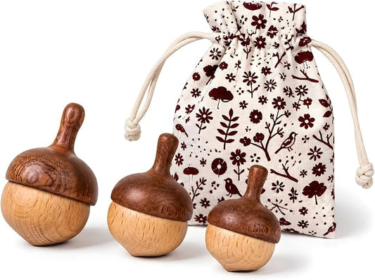 Wooden Spinning Tops Acorn Toy | 3 Pcs Wood Tops Made from Sapele and Beech Hardwood with Cotton Drawstring Storage Bag | Smooth & Safe for Toddlers Skill Play and Travel, Gift-Ready