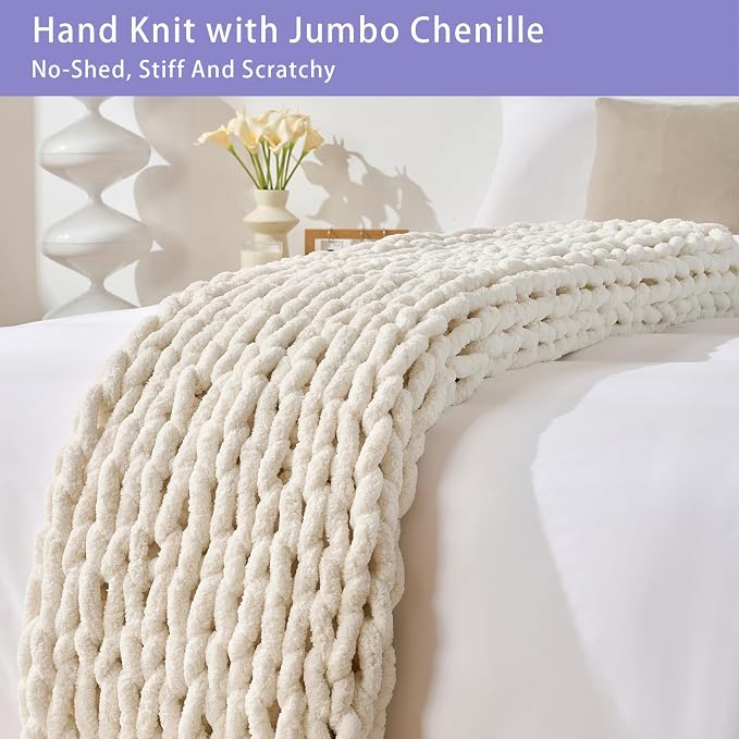 Bigacogo Chunky Knit Throw Blanket for Couch, 40x80 inches, Vintage White | Hand Knit with Jumbo Chenille, Soft Breathable Cable Knit for Sofa Bed Living Room, Machine Washable, Gift for Mom Friend