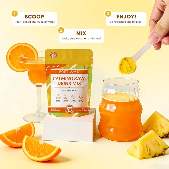 Calming Kava Drink Mix, Instant Kava Powder, Low-Calorie, Non-Alcoholic | Plant-Based Relaxation Alternative Beverage | 15 Servings (Tropical Fruit)