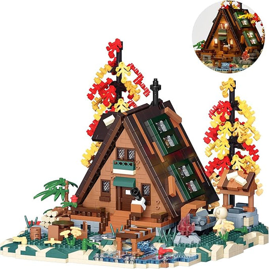 Wood Cabin Building Blocks Set with LED Lights-2151PCS Micro Bricks,Forest Wood House Building Toy Kit,Miniature House Model Decorations, Funny Birthday, for Age8+ Kids Adults