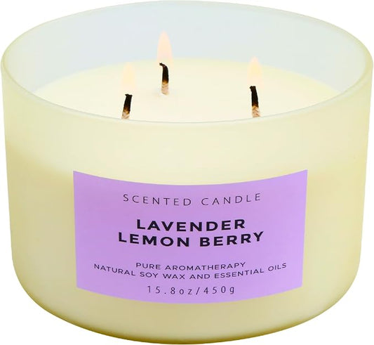 Lavender Lemon Berry 3-Wick Soy Aromatherapy Candle for Women, 15.8 oz | Ylang-Ylang, Cedar & Violet Notes, Calming Floral Lemon Home Scent, Clean Burn, Bedroom, Bath & Spa, Gift for Her & Mom