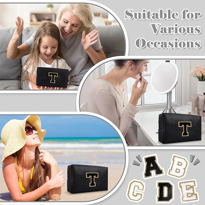 Personalized Initial A-Z Preppy Patch Makeup Bag,Small PU Chenille Letter Cosmetic Bag with Zipper for Teen Girls,Black Cute Toiletry Organizer Bag,Monogram Makeup Case Gift for Women Girls,Letter T