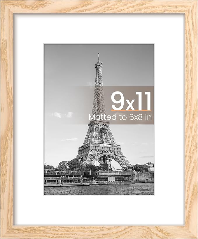 upsimples 9x11 Picture Frame, Display Pictures 6x8 with Mat or 9x11 Without, Wall Hanging Photo Frame, Natural, 1 Pack