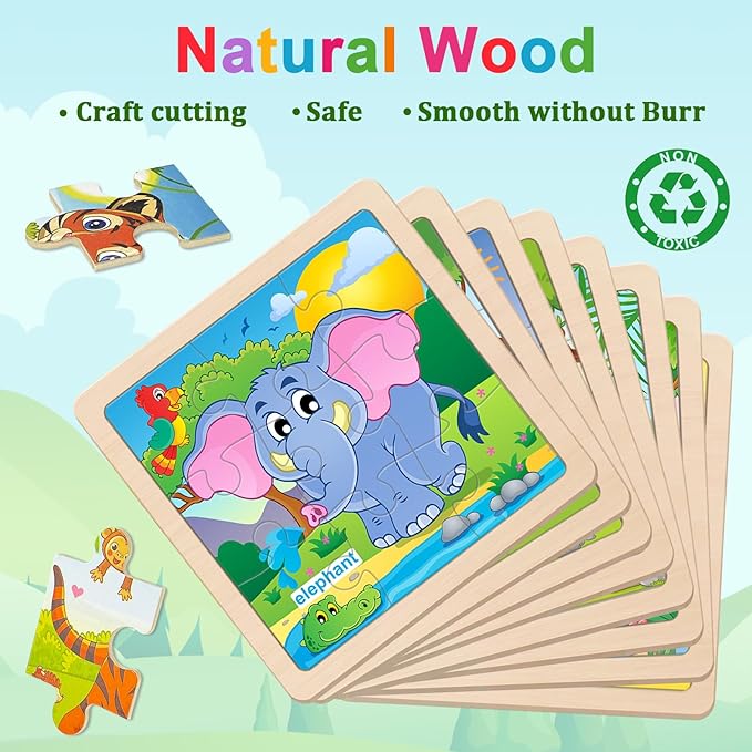 Wooden Puzzles for Toddlers, 9 Pieces Animal Jigsaw Puzzles for Kids Ages 3-5 4-6, Preschool Learning Activities, Learning & Educational Toys, Gifts for Boys, Girls (8 Pack)