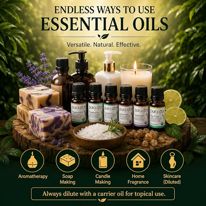PURA D'OR Organic Perfect10 Essential Oils Set - 10x 10mL Wood Box Aromatherapy Gift Set - 100% Pure Therapeutic Grade for Relaxation and Wellness (Lavender, Peppermint, Eucalyptus, Tea Tree & More)