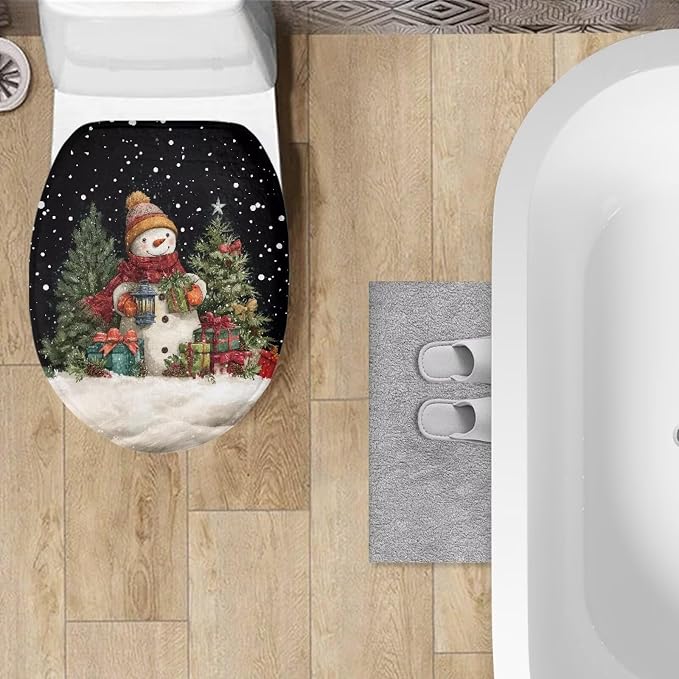 Christmas Snowman Toilet Lid Cover, Flannel Machine Washable Toilet Seat Cover, Comfortable, Soft and Dustproof Toilet Lid Cover