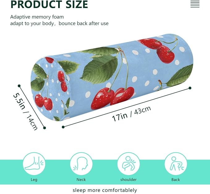 Light Blue Dots Red Cherry Neck Roll Pillow Bolster Round Health Memory Foam Long Cervical Cylinder Pillows with Removable Washable Cover for Body Bed Legs Back Yoga