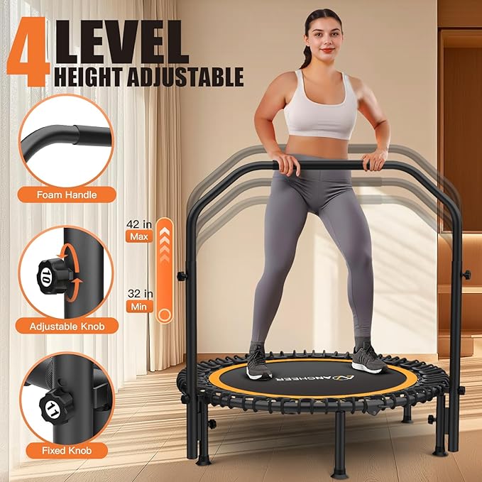 ANCHEER 40" Foldable Rebounder Trampoline for Adults/Kids with Resistance Bands and Bungees, Indoor & Outdoor Mini Trampoline with Bar and Safety Padding - Max Load 330lbs (Orange)