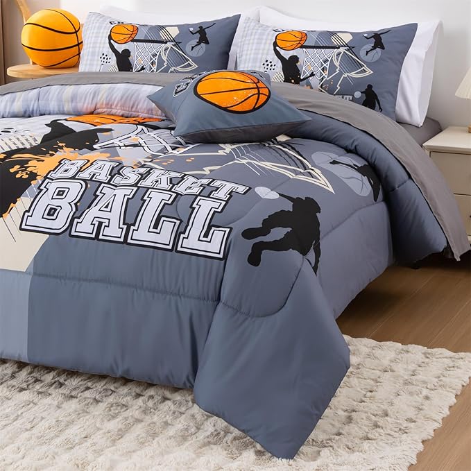 A Nice Night Basketball Themed Full Bed Sets for Boys Teens - 6PC Kids Comforter with Sheet Set, Bed-in-a-Bag Polyester Bedding Collections, Gary