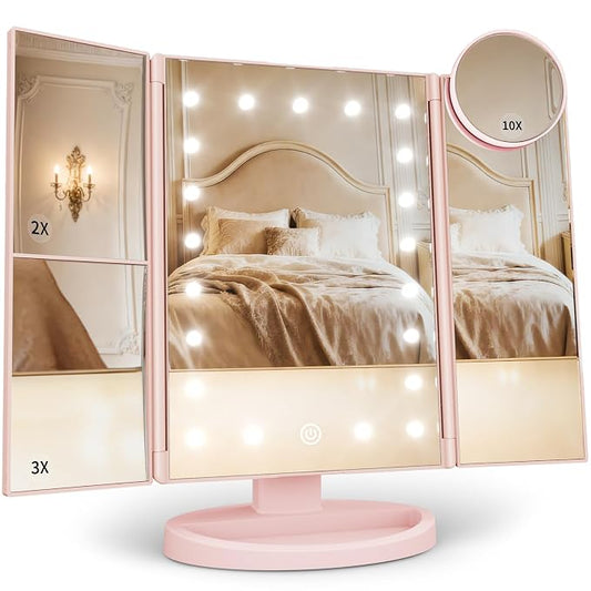 HUONUL Makeup Mirror, Vanity Mirror with Lights, 2X/3X/10X Magnification, Touch Control, Trifold, Dual Power Supply, Birthday Gifts for Women, Wife, Mom, Girls,Dorm Room Essentials