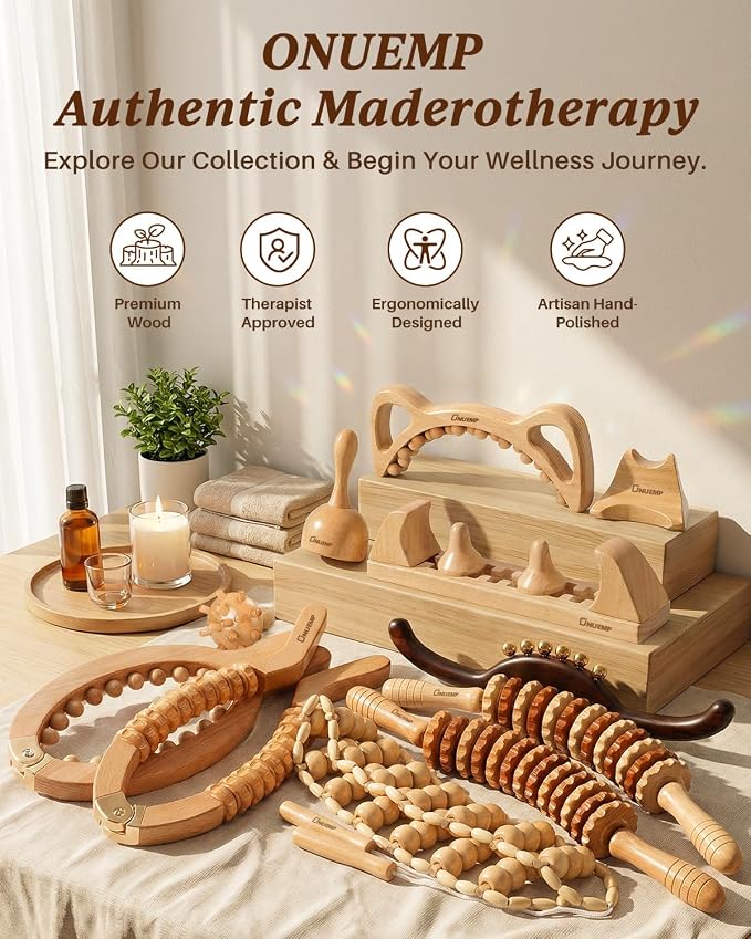 ONUEMP 2PCS Wood Therapy Massage Tools, Wooden Massage Roller Stick & Back Massager Roller Rope, Maderoterapia Kit Colombiana for Lymphatic Drainage, Anti Cellulite, Body Sculpting, Ease Deep Tissue
