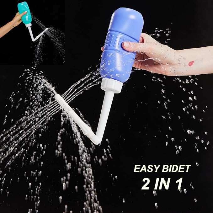 2PCS-Pack 2in1 Vaginal Douche Perineal Irrigation 650ML Portable Bidets + Pocket Bidet Pipe, Travel Bidet with Waterproof Cap, Peri Bottle for Postpartum Essentials