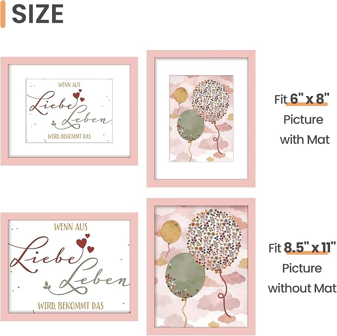 upsimples 8.5 By 11 Picture Frame, Display Pictures 6x8 with Mat or 8.5 x 11 Without, Wall Hanging Photo Frames, Pink, 1 Pack