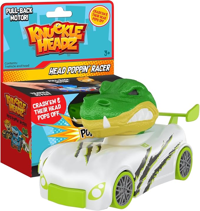 Knuckle Headz Pop-Up Racer Car Toy, Friction-Powered Pull Back Race Car, Head Popping Fun Gift for Kids, Boys, Girls, Ages 3+, Dinosaur